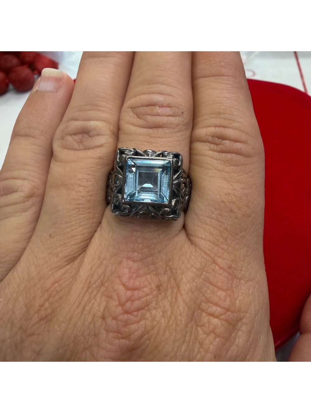 Sterling & blue topaz filigree ring sz 8